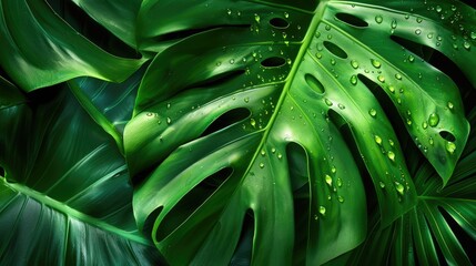 Wall Mural - Green leaf texture on nature background with tropical leaf