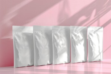 Poster - A row of white bags sitting on a bright pink surface, perfect for product photography or as a prop in a studio setting