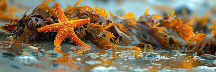 Wall Mural - Vibrant orange bat starfish resting on a wet sandy shore complemented by colorful seaweed