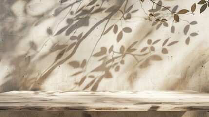 Canvas Print - Wooden table top with tree leaves shadow on beige wall texture