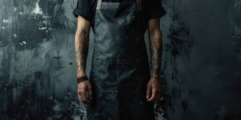 Poster - A person wearing a leather apron standing in front of a background, suitable for DIY or crafting projects