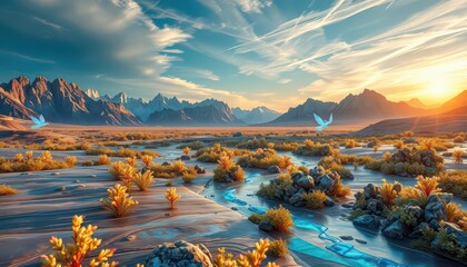 Wall Mural - Serene Desert Landscape with a Blue Stream and Flying Birds at Sunset.