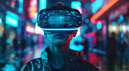 Poster - A person wearing advanced, futuristic VR goggles stands amidst a vibrant, neonlit cityscape, showcasing the captivating and immersive experiences that modern VR technology can provide to users