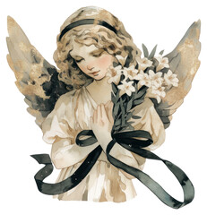 Canvas Print - PNG  Serene angel holding flowers