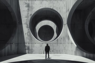 Aufkleber - A person standing next to a modern architecture building, suitable for use in cityscapes or urban design concepts