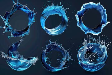 Poster - A set of blue water splashes on a dark background