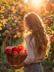 Poster - Woman holding a basket of apples in an orchard. AI.