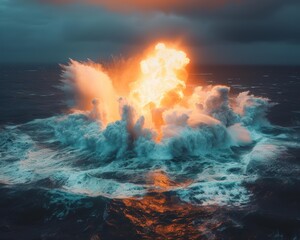 Wall Mural - a large explosion erupts in the ocean, sending waves crashing into the air. ai.