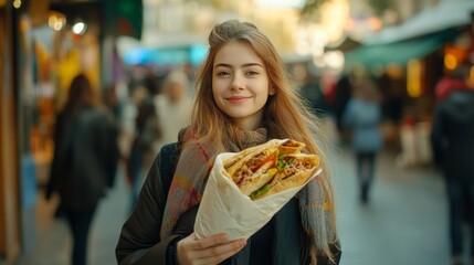 Wall Mural - food on the streets A girl is carrying shawarma as she strolls down the street. 