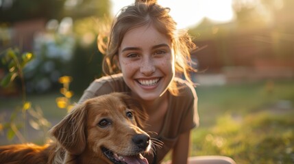 Canvas Print - A woman smiles with her dog in a grassy field. AI.