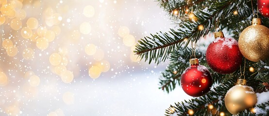 snow falling on a christmas tree branch decorated with red and gold baubles and covered in snow, wit