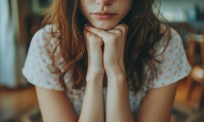 Wall Mural - A young woman with her hands clasped in front of her face. AI.