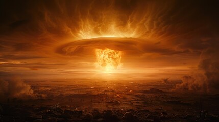 Wall Mural - a fiery explosion fills the sky, casting an orange glow over the landscape. ai.