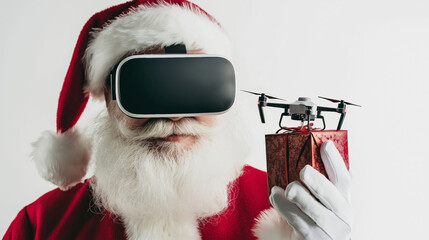 Santa claus wearing virtual reality headset is holding a christmas present with a drone flying over it, on white background