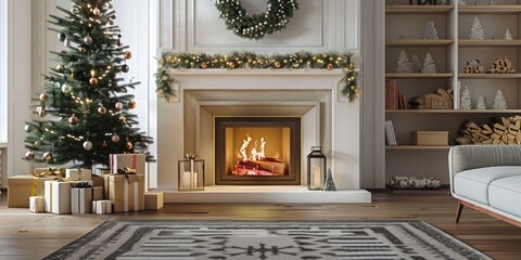 Poster - Cozy living room with Christmas tree and fireplace, ideal for winter holiday decorations