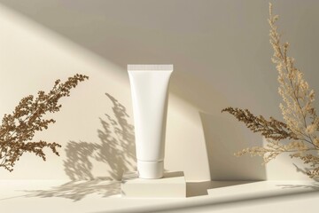 Wall Mural - A tube of cream sits on a shelf next to a plant, a simple yet inviting scene