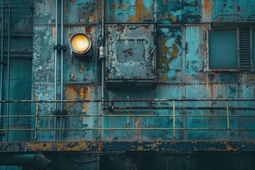 Poster - A rundown building with a functioning traffic light, suitable for use in urban decay or post-apocalyptic themes