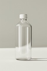 Wall Mural - A clear glass bottle with a white lid on a simple background