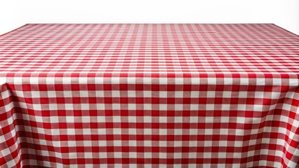 Poster - Isolated red checkered tablecloth on a white background , picnic, table, cloth, pattern, kitchen, dining, red