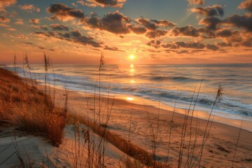 Wall Mural - Beautiful sunset scene on a quiet ocean beach with calm waves and warm colors