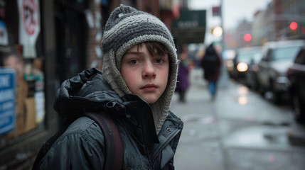 Runaway young cold teen teenage boy standing on a dirty city urban street sidewalk