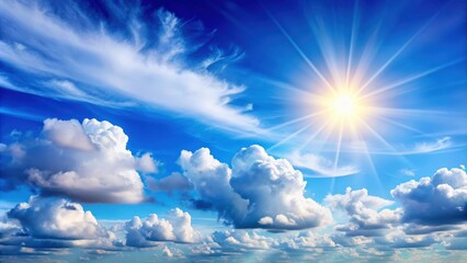 Poster - Beautiful blue sky with fluffy white clouds illuminated by morning light, sky, blue, clouds, fluffy, white, morning, light