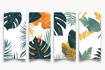 Poster - Four vertical banners with colorful tropical leaves, suitable for party decorations or travel inspiration