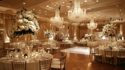 Poster - A beautifully decorated wedding reception featuring tall white floral centerpieces, glowing candles, and sparkling chandeliers, creating a romantic atmosphere for guests.
