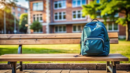 Aufkleber - School backpack on a wooden bench with school in the background, backpack, school, wooden bench, education, learning