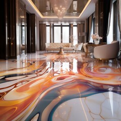 Spacious luxury living room with floor covered by epoxy resin floor looks like marble