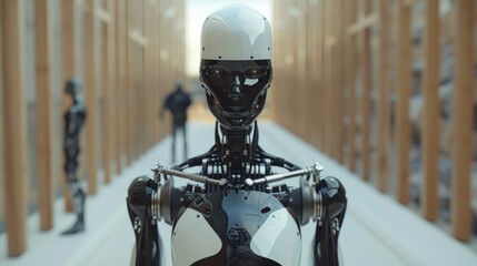 Poster - Robotic figure in a futuristic indoor space with wooden architecture