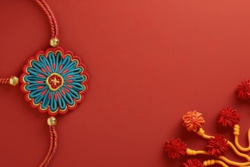 Poster - Close-up shot of a necklace featuring flower patterns on a bright red background, ideal for use in jewelry or gift-related concepts