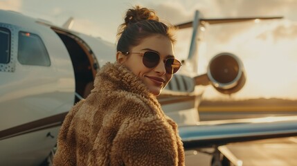 Wall Mural - A blonde woman stands in front of a white jet plane