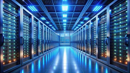 Poster - rendering of a modern server room with rows of server computers and glowing lights, server room