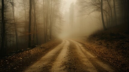 Wall Mural - Foggy dirt road winding through a quiet forest in early morning light