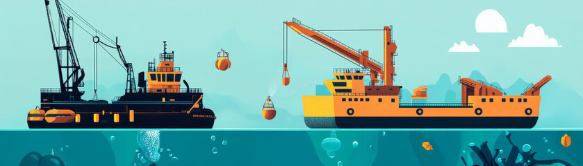 Deepsea mining, oceanic resource extraction, flat design illustration