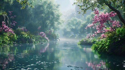 Quiet and calm landscape background with a lake and a forest against a pure natural sky