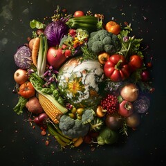 Canvas Print - Colorful assortment of fresh vegetables surrounding a globe in the center on a dark background. 