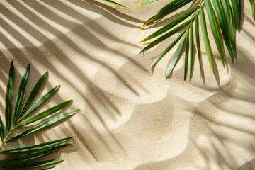 Poster - Two palm leaves lying on a sandy beach, ideal for summer or tropical themed photoshoots