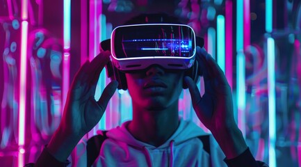 Poster - A person fully immersed in a vibrant, futuristic environment while wearing modern virtual reality goggles, surrounded by neon lights that vividly showcase the exhilarating excitement of VR technology