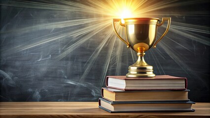 Poster - Golden trophy on pile of books against blackboard with sun rays over trophy, learning/achievement concept, trophy