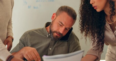 Aufkleber - Businessman, multitasking and overworked with documents, phone call and staff with question, target and deadline. Man, office and leader with burnout, mental health and frustrated tired face at desk