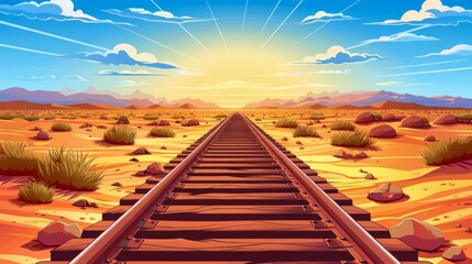 Wall Mural - Sunset over a desert landscape with railway tracks leading into the horizon