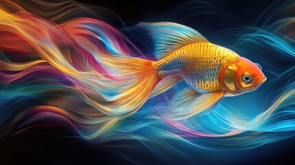 Wall Mural - Beautiful 3D golden fish with a flowing, colorful tail, surrounded by vibrant, dynamic wave forms