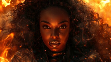 Poster - Woman with fiery backdrop exuding strength and intensity during a dramatic moment