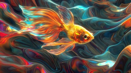 Wall Mural - Dynamic 3D golden fish with a radiant tail, creating a mesmerizing visual effect in a sea of multicolored waves