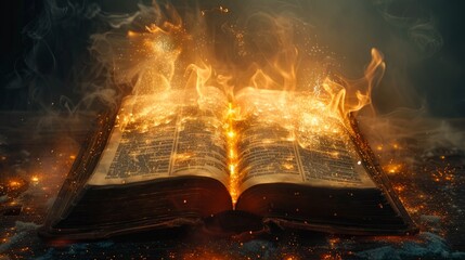 Poster - A burning book surrounded by glowing embers in a dark, smoky environment