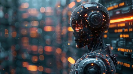 Poster - Futuristic humanoid robot with illuminated circuitry in a tech environment