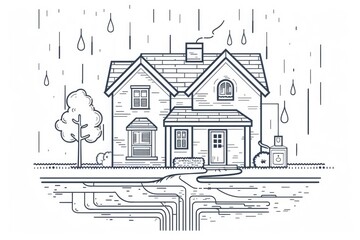 Poster - Water-soaked exterior of a house with rainwater flowing out of it