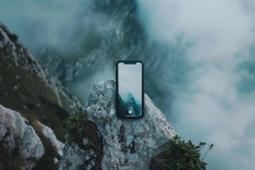 Poster - A cell phone sits on top of a rocky surface